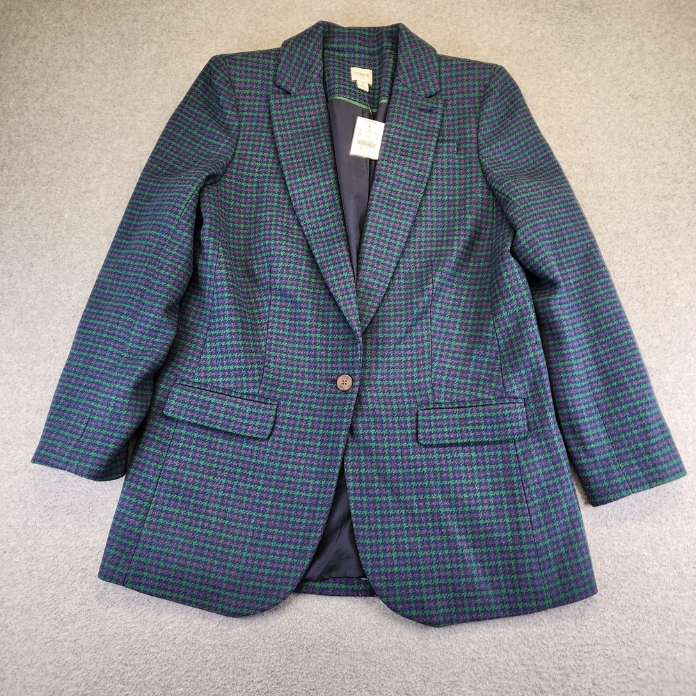 NEW J Crew Women 4‎ Relaxed Blazer Blue Green Houndstooth Plaid Wool Blend